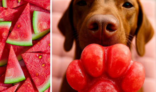 Collage: geschnittene Melone und Vizla mit Eis in Pfotenform
