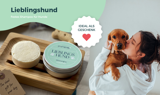 Festes Hundeshampoo Lieblingshund von purapep in der Metalldose, daneben ein Mädchen das einen Welpen im Arm hält