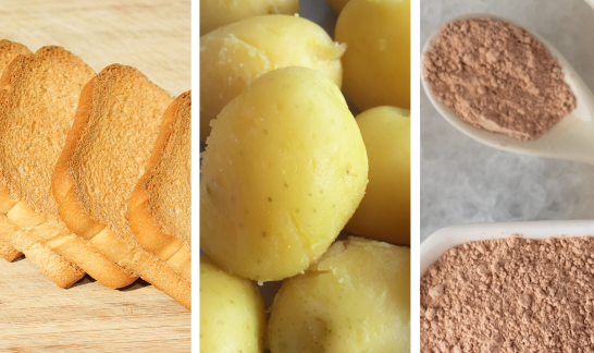 Natürliche Hausmittel gegen Sodbrennen beim Hund: Zwieback, gekochte Kartoffeln und Heilerde