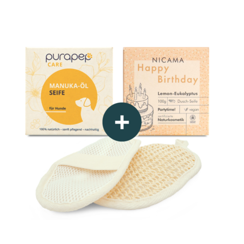 purapep MAUnka-Öl Seife und Nicama Geburtstagseife und Sisalhandschuh im Set