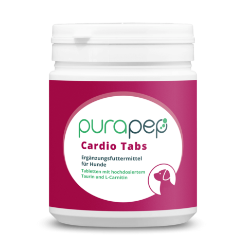 purapep Cardio Tabs Hunde, Dose mit dunkelrotem Etikett, Futterergänzung