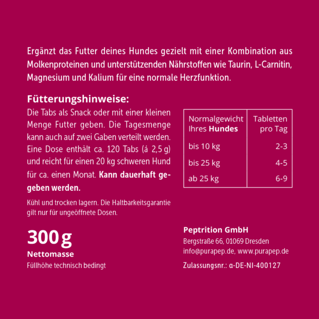 purapep Cardio Tabs Hunde, Rückseite dunkelrotes Etikett, Fütterungshinweise und Dosierung