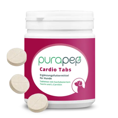 purapep Cardio Tabs Hunde, Dose mit dunkelrotem Etikett, Futterergänzung