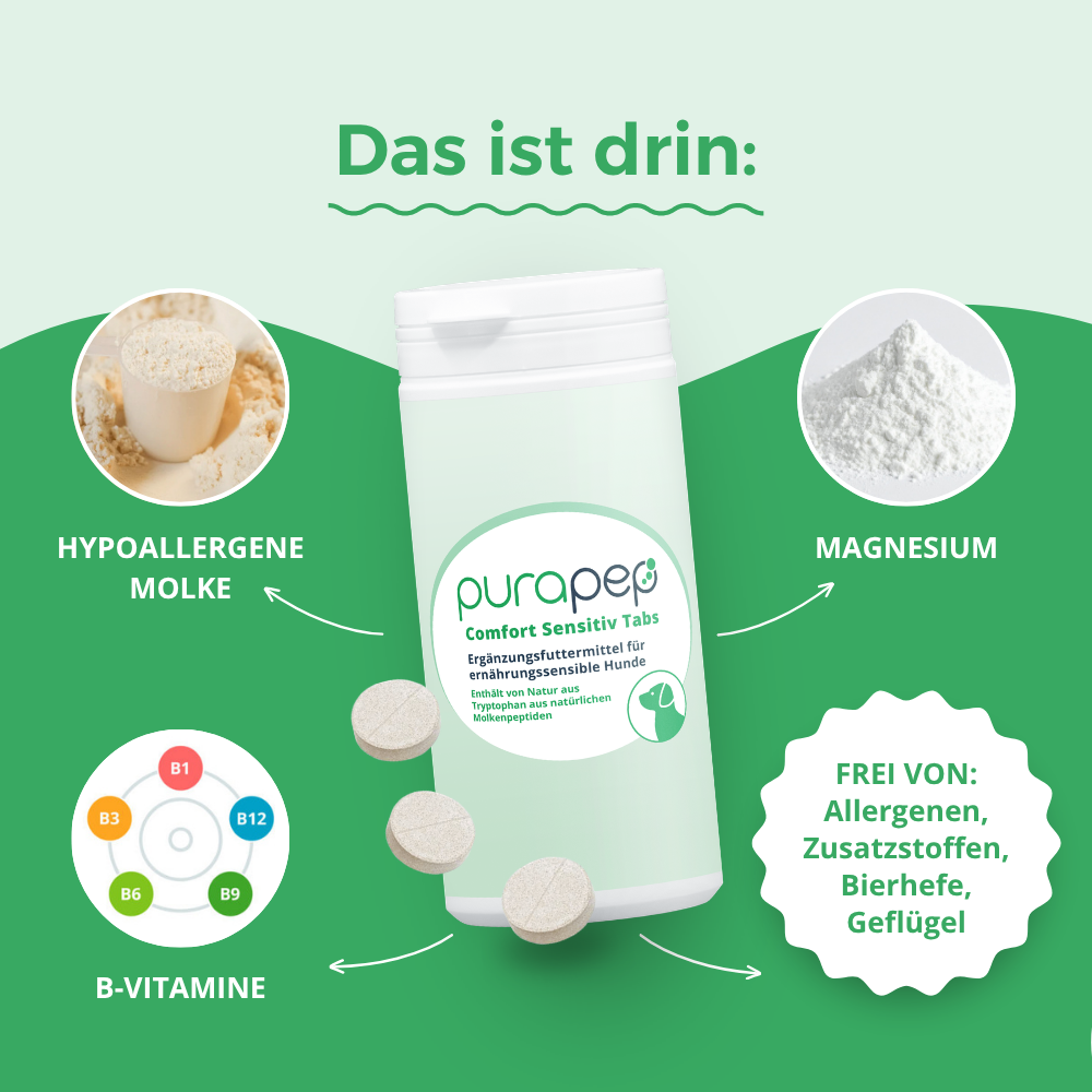 Inhaltsstoffe der purapep Comfort Sensitiv Tabs mit Molke, Magnesium und B-Vitaminen