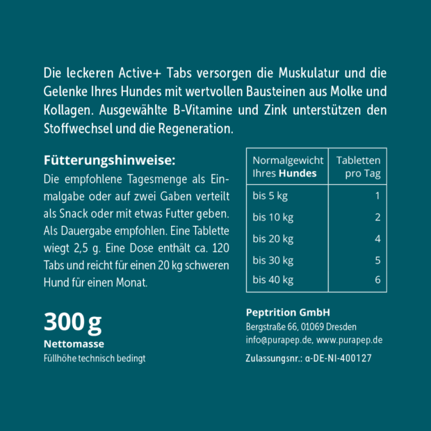 purapep Active+ Tabs, Rückseite dunkelblaues Etikett, Fütterungshinweise und Dosierung