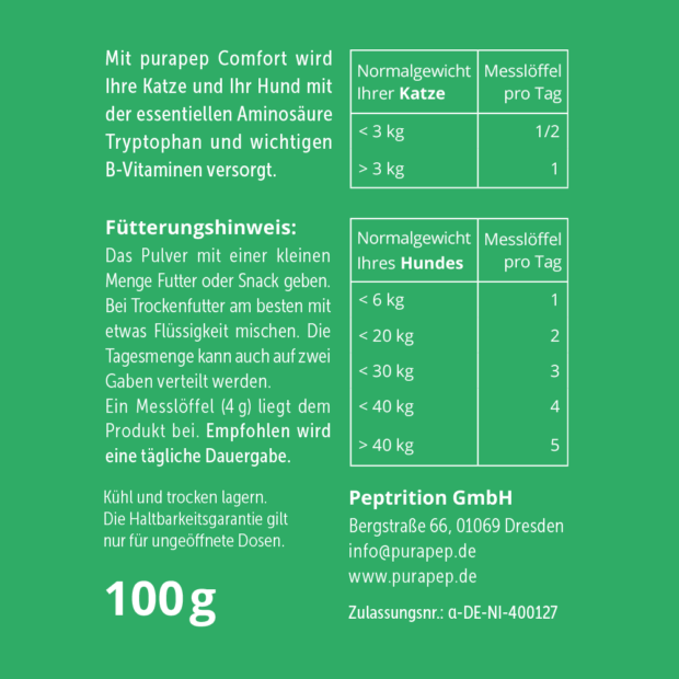 purapep Comfort, Rückseite grünes Etikett, Fütterungshinweise und Dosierung