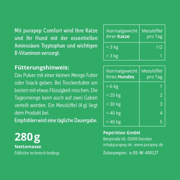purapep Comfort 280g, Rückseite grünes Etikett, Fütterungshinweise und Dosierung