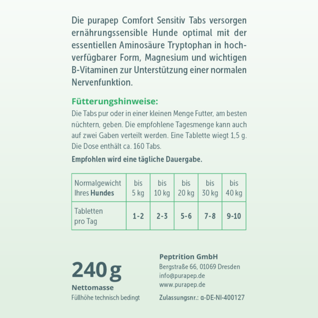 purapep Comfort Sensitiv Tabs, Rückseite hellgrünes Etikett, Fütterungshinweise und Dosierung