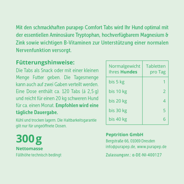 purapep Comfort Tabs Hunde, Rückseite hellgrünes Etikett, Fütterungshinweise und Dosierung