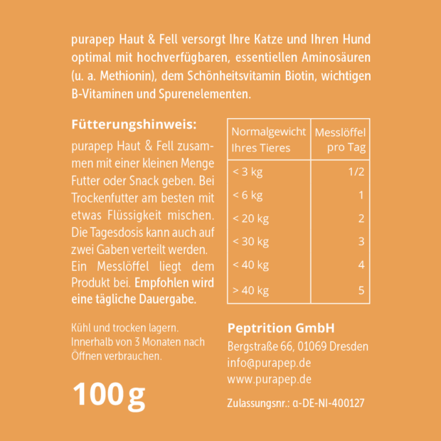 purapep Haut & Fell, Rückseite orangenes Etikett, Fütterungshinweise und Dosierung
