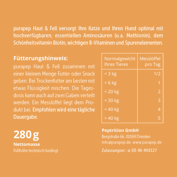 purapep Haut & Fell, Rückseite orangenes Etikett, Fütterungshinweise und Dosierung