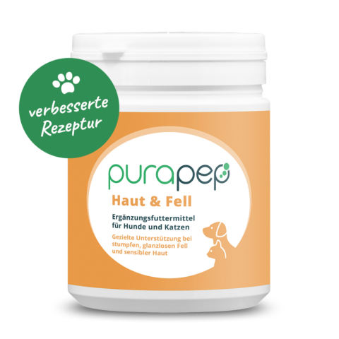 purapep Haut & Fell, Dose mit orangenem Etikett, Futterergänzung für Hunde und Katzen, verbesserte Rezeptur