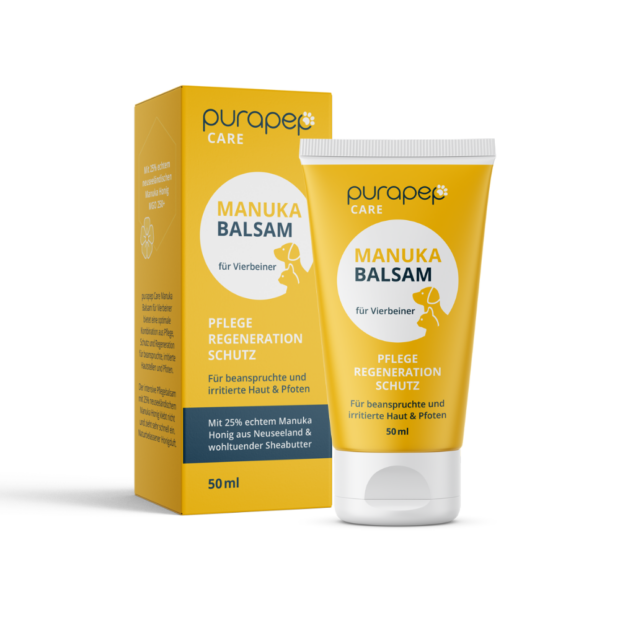 purapep Care Manuka Balsam, Tube mit gelbem Etikett, gelbe Faltschachtel, Pfotenpflege für Hunde und Katzen