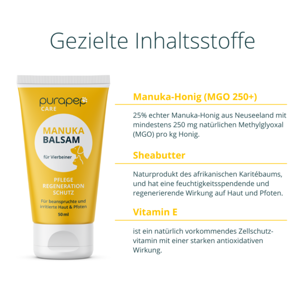 purapep Care Manuka Balsam, gelbe Tube und Liste der Inhaltsstoffe Manuka-Honig (MGO 250+) Sheabutter Vitamin E, Pfotenpflege für Hunde und Katzen