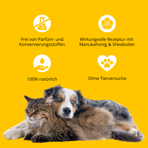 Hund und Katze kuscheln, Icons mit Vorteilen und Alleinstellungsmerkmalen von purapep Care Manuka Balsam 50ml