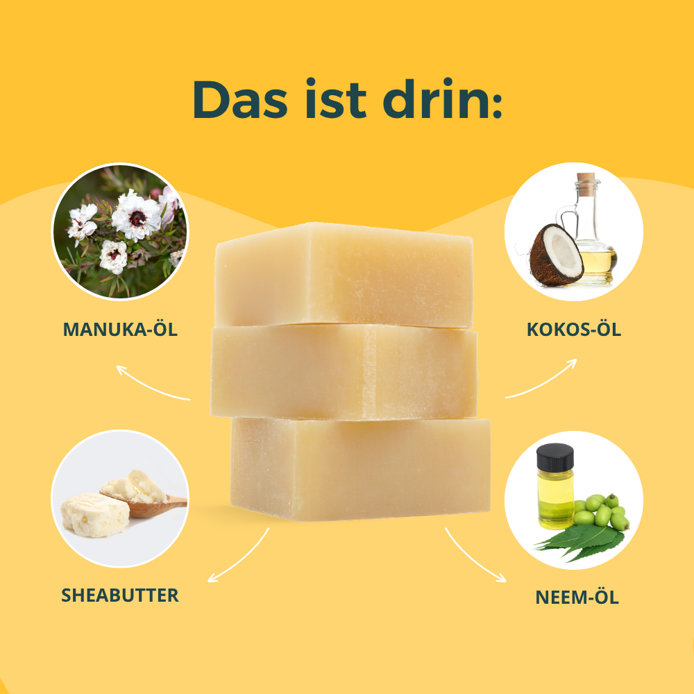 Inhaltsstoffe purapep Manuka-Öl Hundeseife: Manuka-Öl, Kokos-Öl, Sheabutter, Neem-Öl