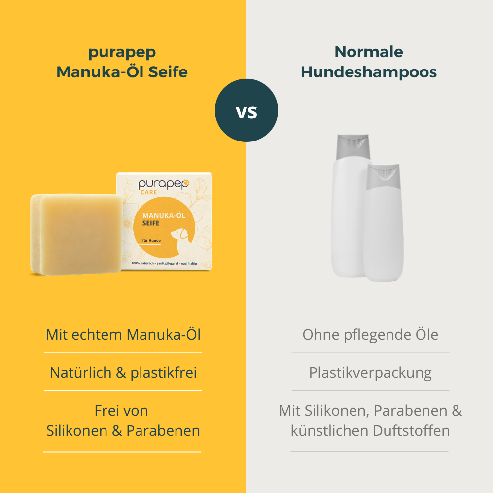 Vergleich purapep Manuka-Öl Seife vs. normale Hundeshampoos
