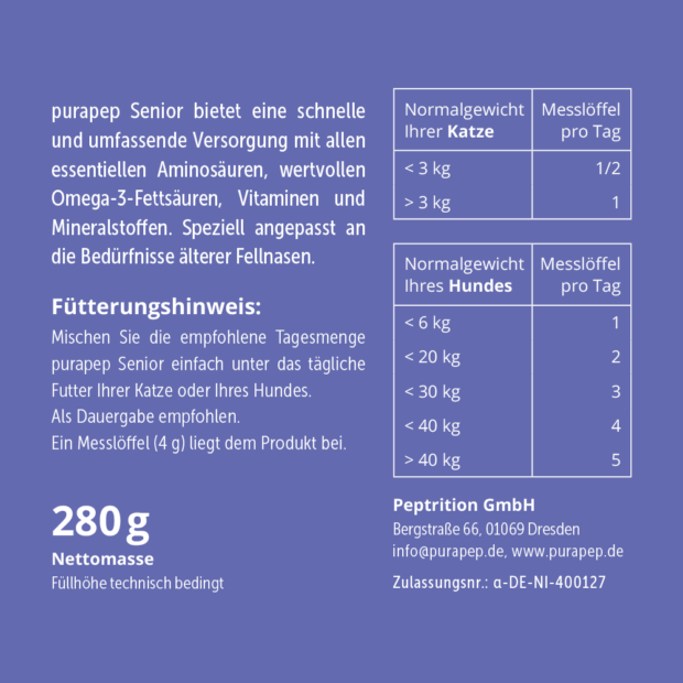 purapep Senior, Rückseite lila Etikett, Fütterungshinweise und Dosierung